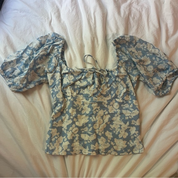 Abercrombie Blue and White Floral Linen Puff Sleeve Corset Blouse size Medium - Picture 4 of 12